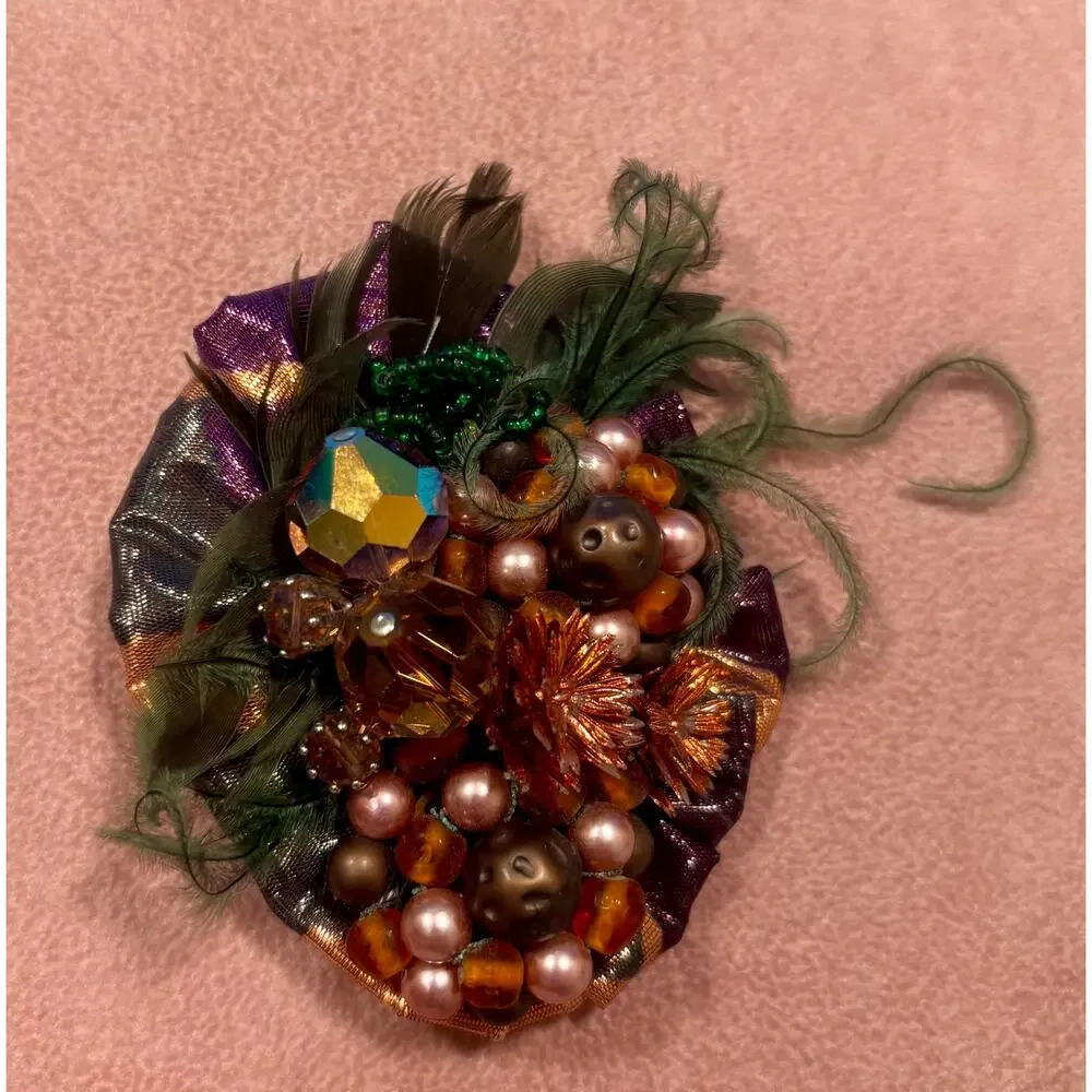 Vintage Mixed Media Brooch Pearls Feathers 3.5
